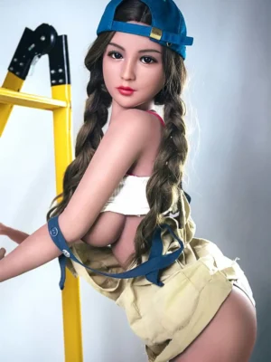 A young braided sex doll, wearing black canvas shoes and white socks, presents an S-shaped figure with its hands propped up on a yellow ladder.