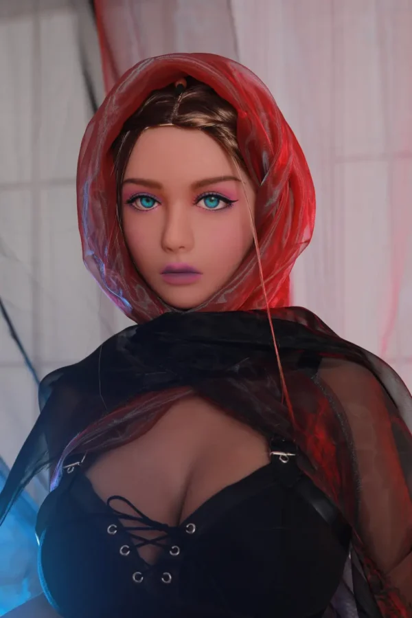 A sexy young ultar realistic cosplay love doll wears a red scarf and a black chest top.