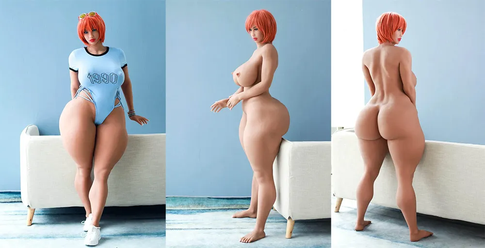 A big booty hot red-hair sex doll wears a blue bodysuit, standing on the ground.