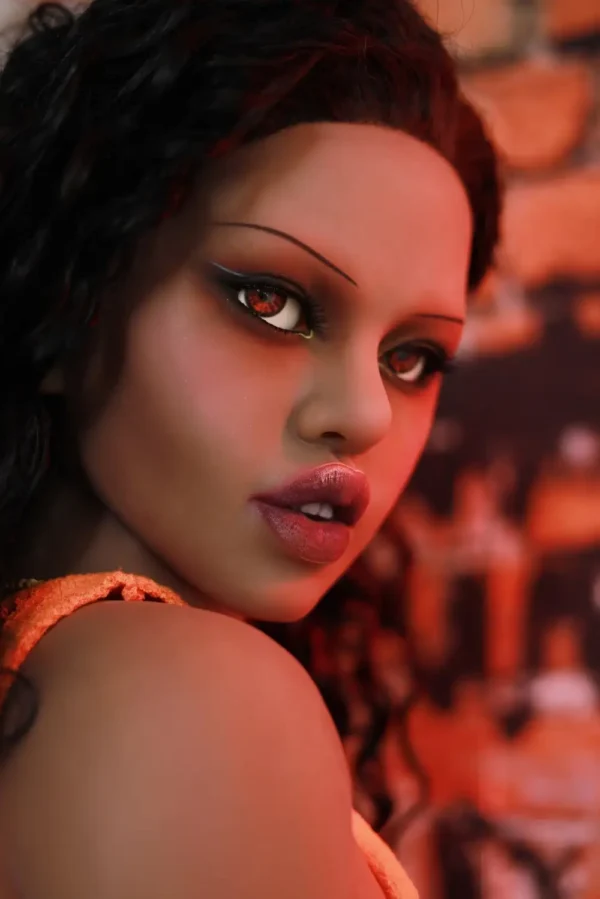 A Latina Mexican Black sex doll has beautiful red eyes and sexy lips.