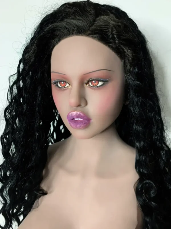 A Latina Mexican Black sex doll has a beautiful black long hair, red eyes and full lips.