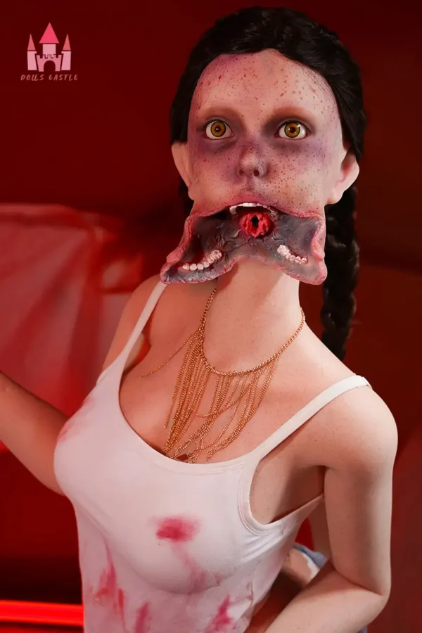 A zombiella silicone monster fantasy sex doll opens her horrible mouth， which contains fangs.