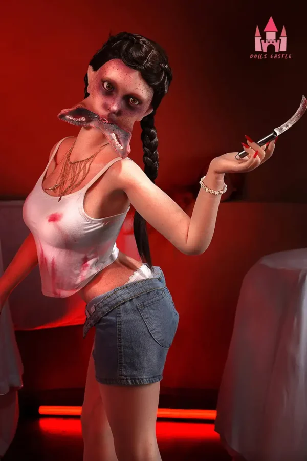 A zombiella silicone monster fantasy sex doll holds a small sickle.