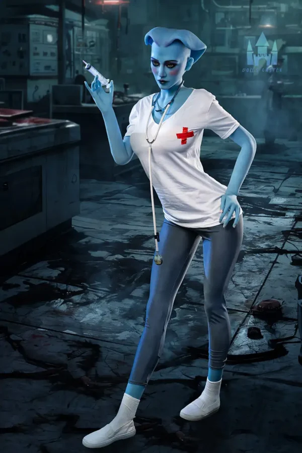 An alien blue g-cup leggy sex doll wears a white T-shirt and gray pants, holding a needle.