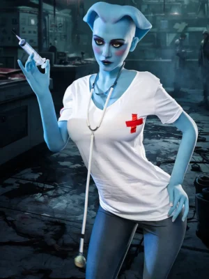 An alien blue leggy G-cup sex doll holds a needle tube, wearing a white nurse uniform.