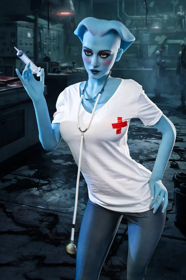 An alien blue leggy G-cup sex doll holds a needle tube, wearing a white nurse uniform.