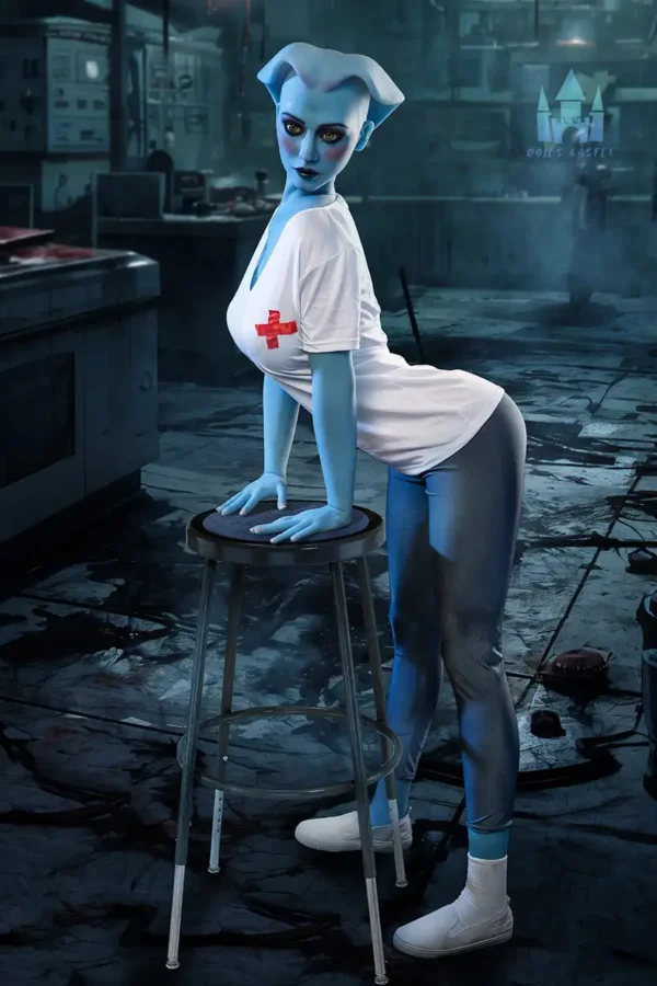 An alien blue g-cup leggy sex doll puts her hands on the stool.