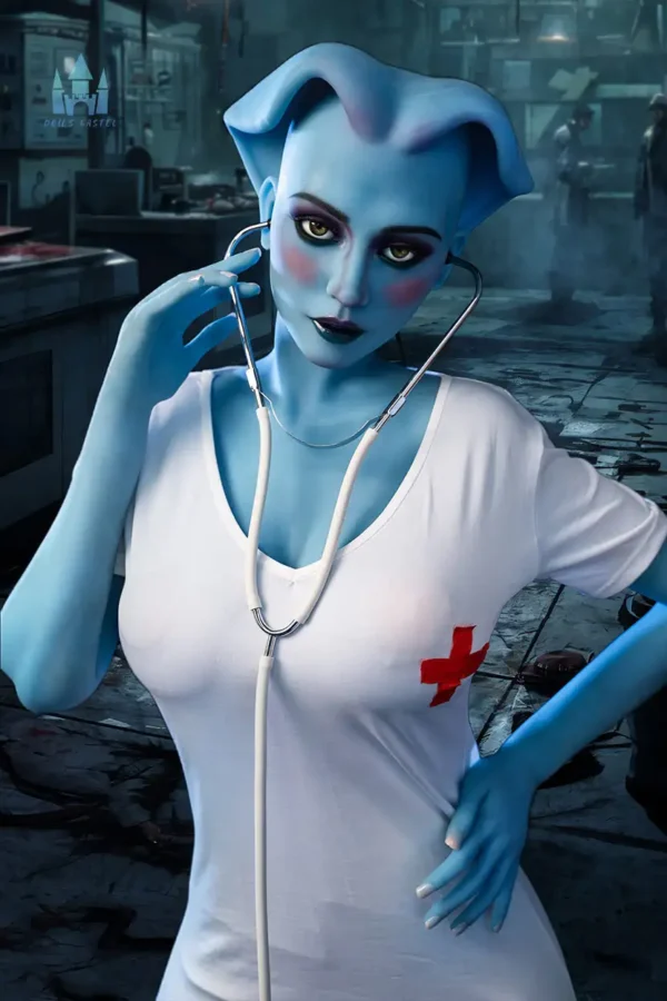 An alien blue g-cup leggy sex doll wears a white T-shirt, holding a stethoscope.