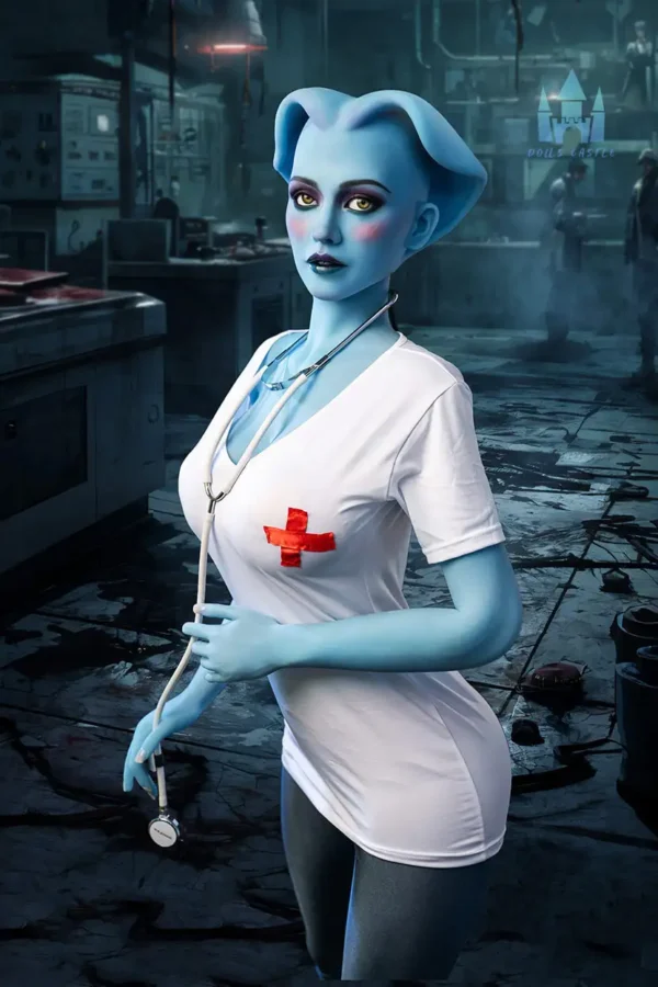 An alien blue g-cup leggy sex doll wears a white T-shirt, holding a stethoscope.