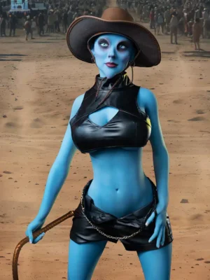 An alien vlue cow girl tpe sex doll has a whip in her hand and a hat on her head.