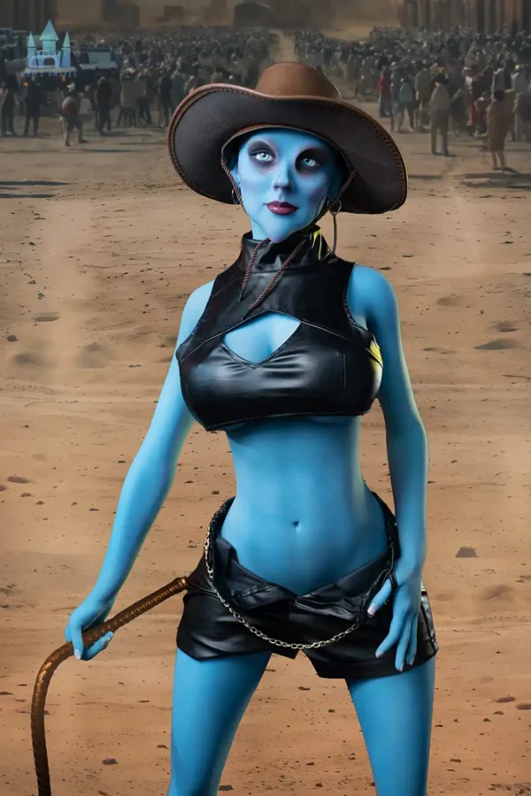 An alien vlue cow girl tpe sex doll has a whip in her hand and a hat on her head.