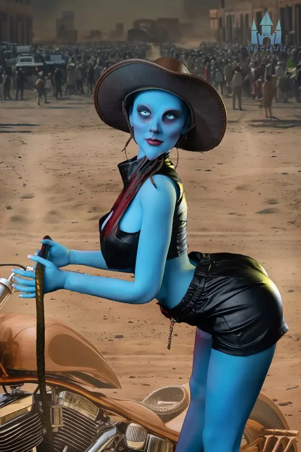 An alien blue g-cup cow girl tpe sex doll holds a