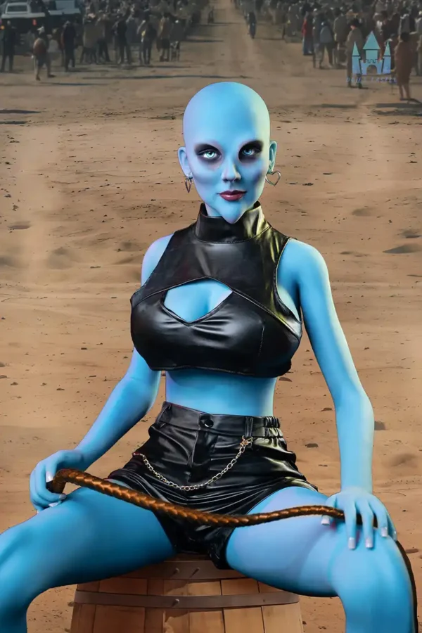 A blue g-cup cow girl alien tpe sex doll wears black leather set, and a whip is hold in her hands.