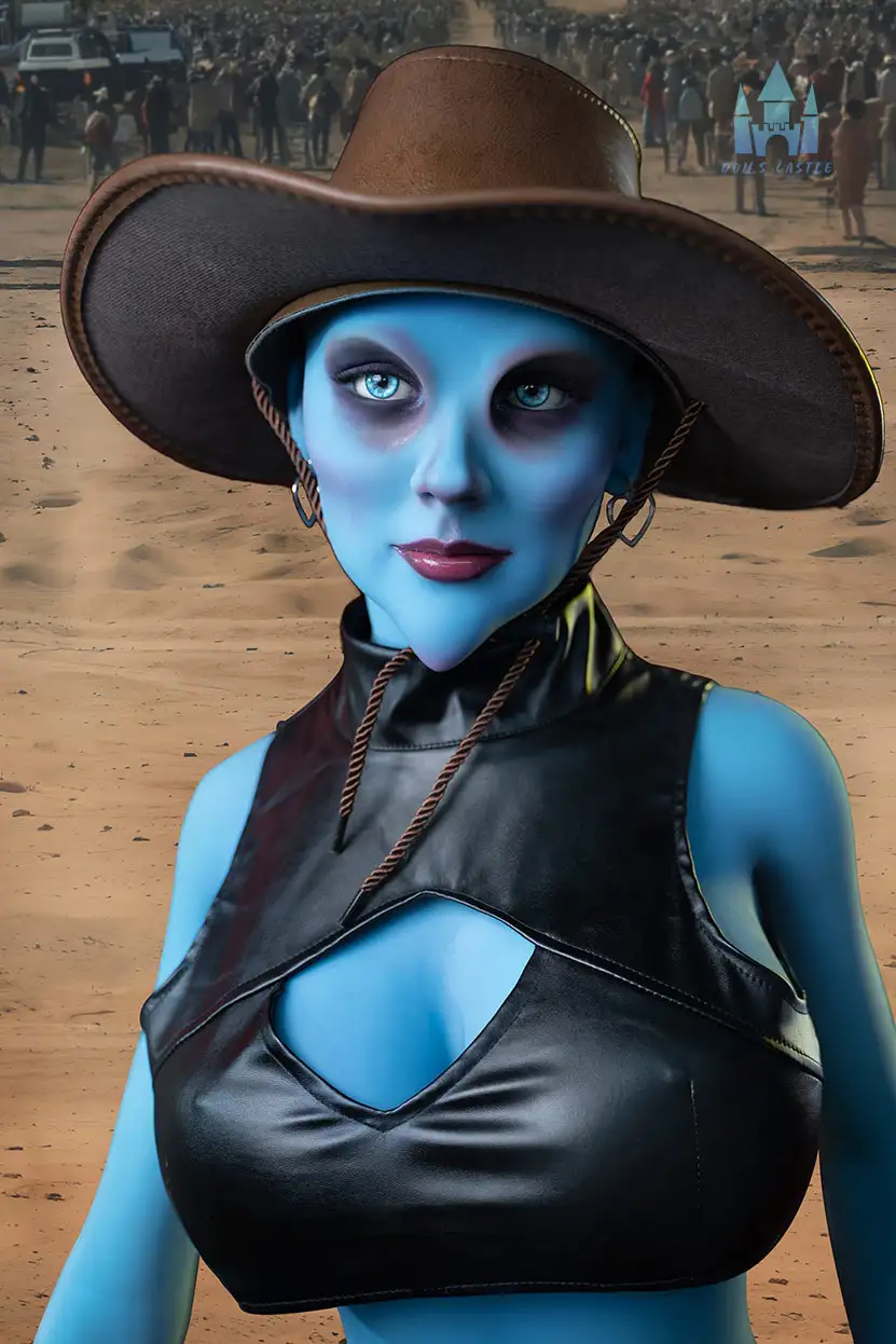 A blue g-cup cow girl alien tpe sex doll wears a black leather top and straw hat.