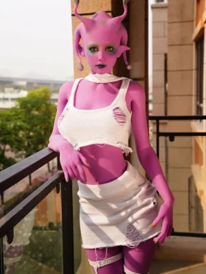 A purple alien E-cup life size sex doll stands on the ground, wearing a white set.