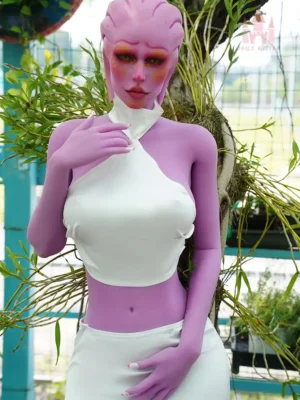 An alien purple E-cup sexy sex doll stands on the ground, wearing a white halter suit.