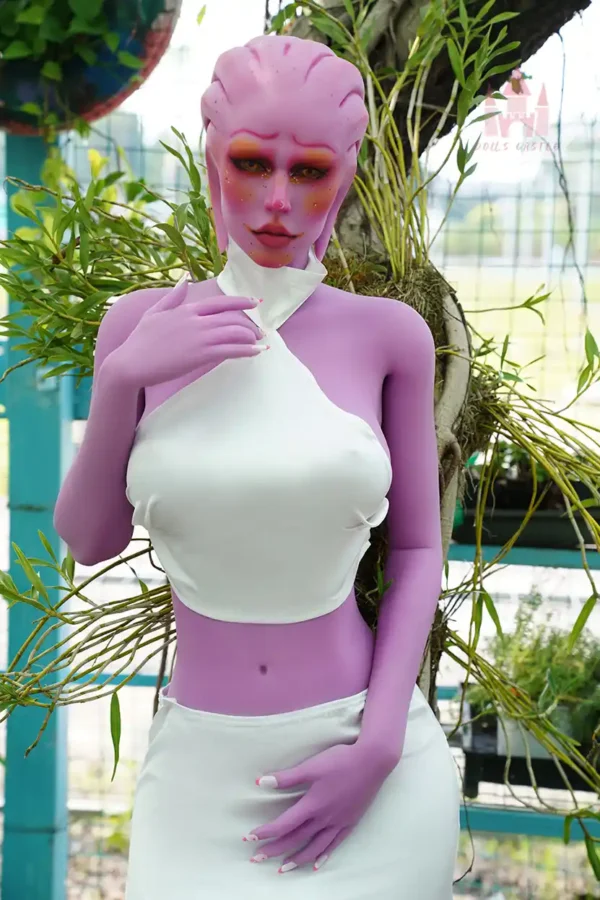 An alien purple E-cup sexy sex doll stands on the ground, wearing a white halter suit.