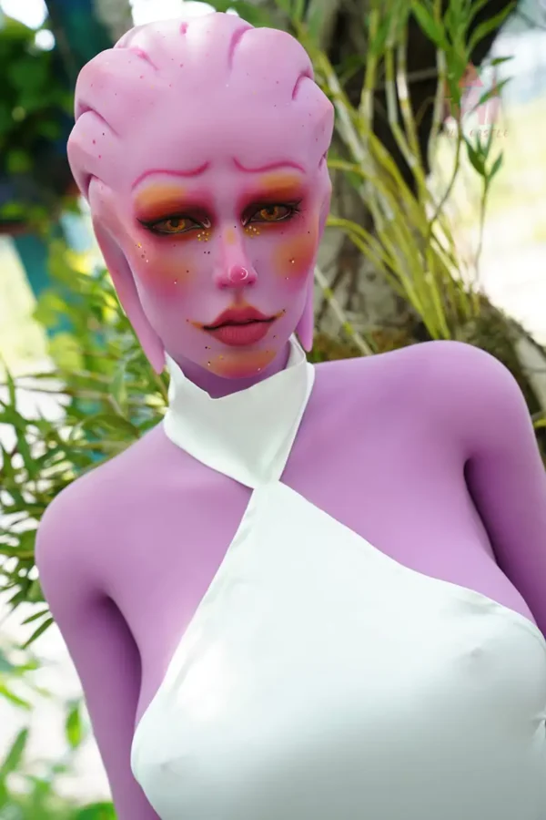 The upper body picture of a purple alien e-cup sexy sex doll.