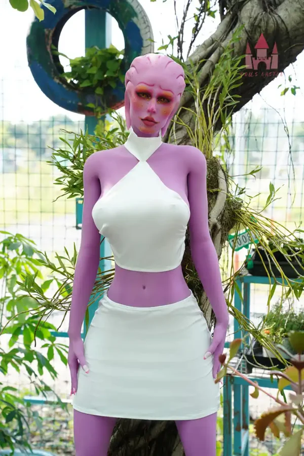 A purple alien e-cup sexy sex doll stands on the ground, wearing white underwear set.