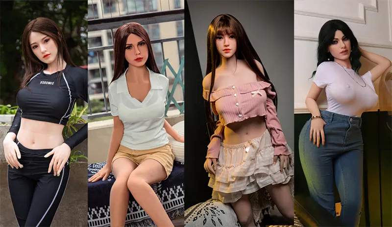 The four sex dolls dressed in everyday clothes.