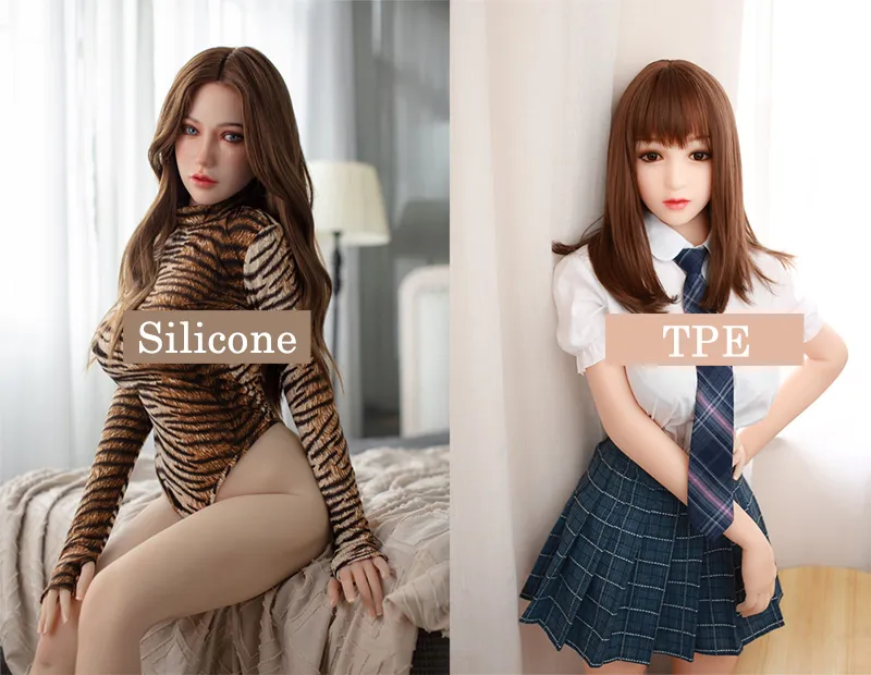 On the left is a doll with a silicone head and a TPE body, and on the right is a full TPE doll.