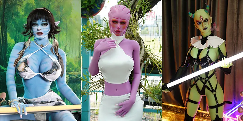 Three alien sex dolls with fantasy skin colors.