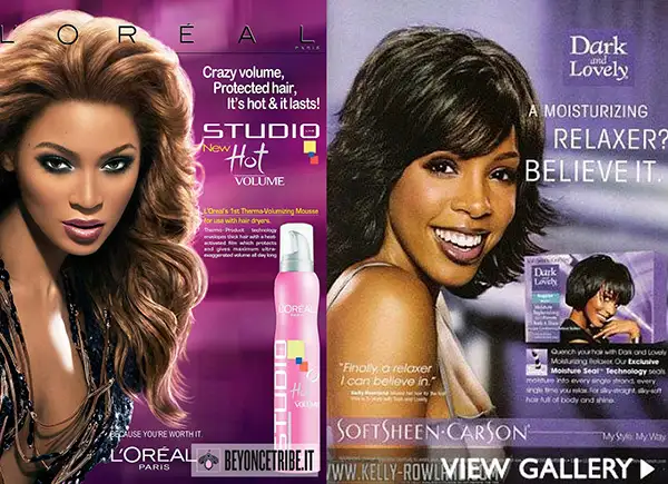 Two promotional images for hair products, with Latina women on the left and black women on the right.