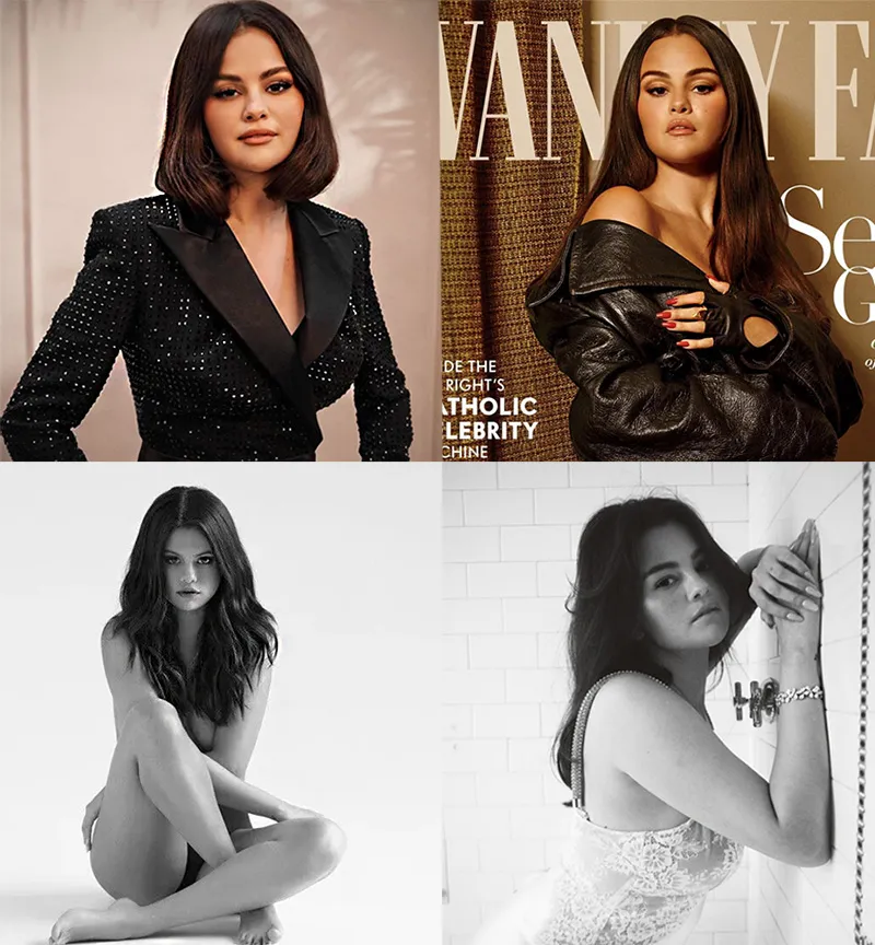 Four pictures of Selena Gomez.